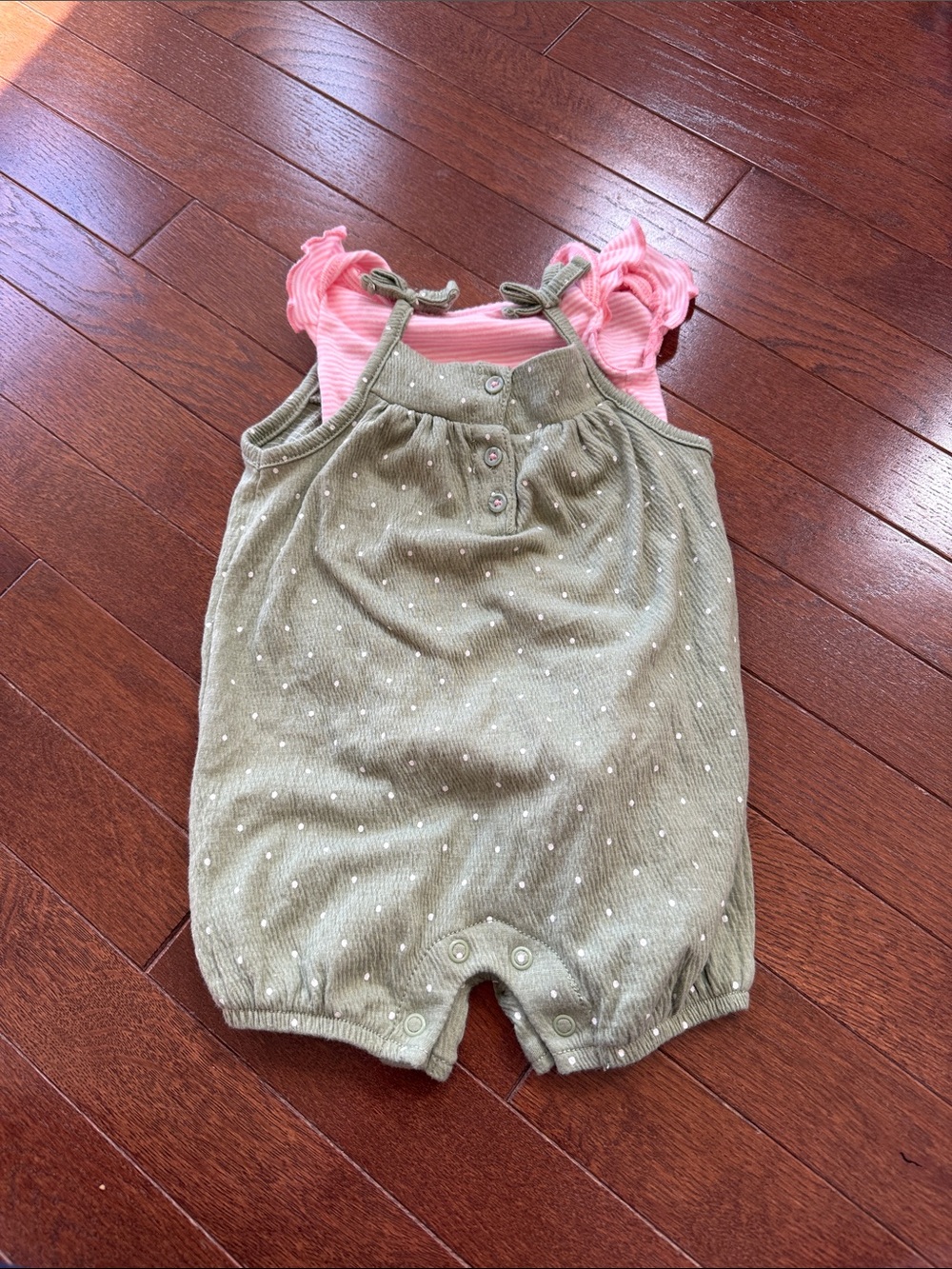 Pink Ruffle Sleeve Bodysuit with Olive Polka-Dot Romper